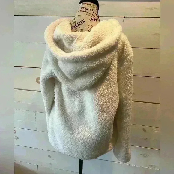 Pink lily fleece pullover large, winter white, kangaroo pocket, hooded - Picture 2 of 7